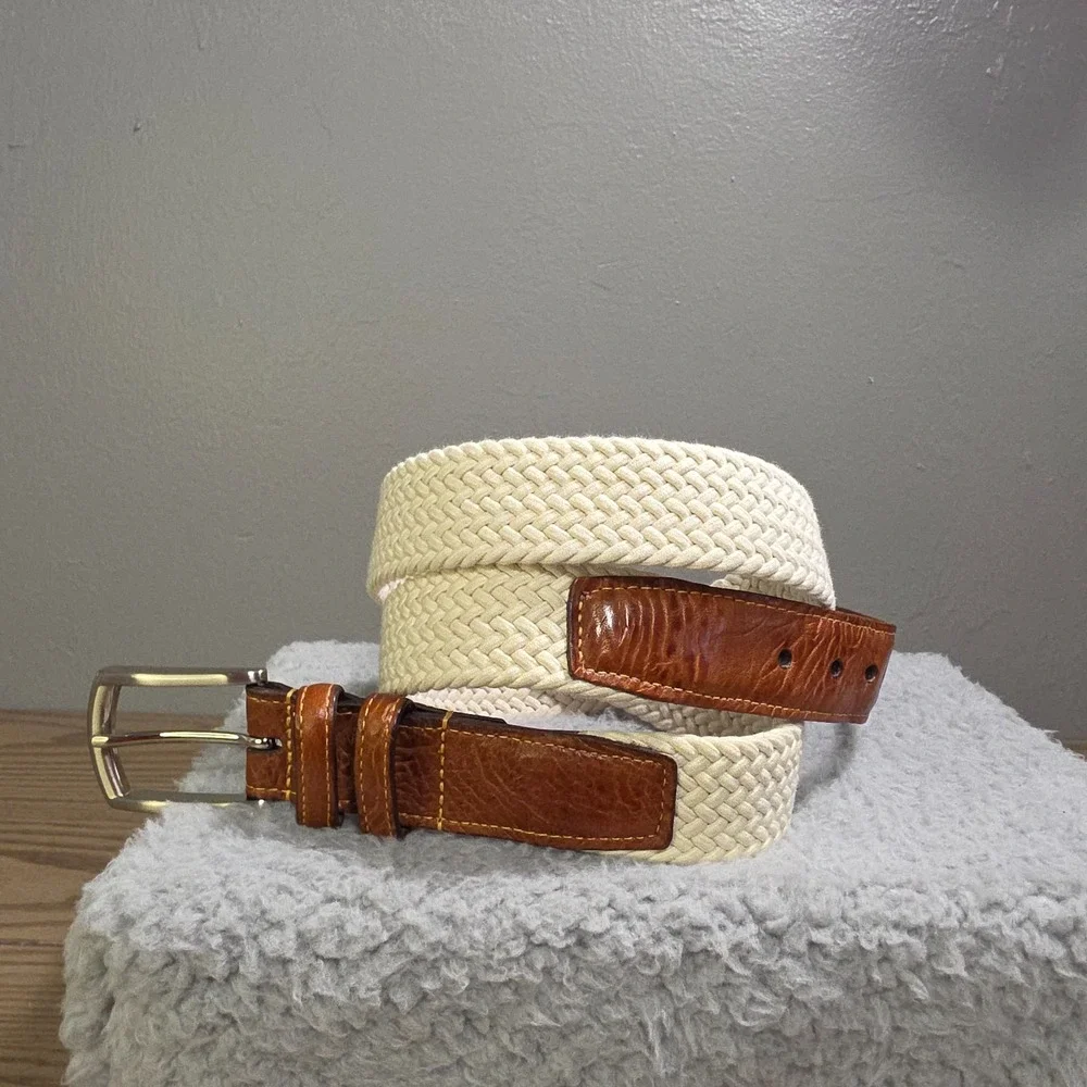 Lot of 2 Torino Men's Size 40 Cream & Beige Leather Breaded Belts Dressy Classic